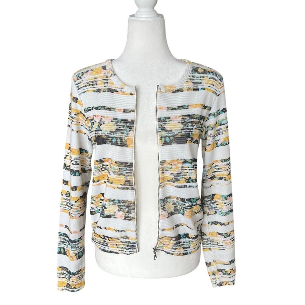 Moth Anthropologie Yellow Floral Striped Sweater Women's Size S/P Front Zip Knit